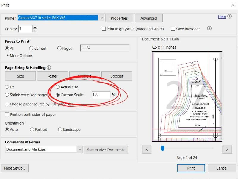 Image shows Adobe Reader print settings, with Custom Scale 100% circled, as it should be checked.