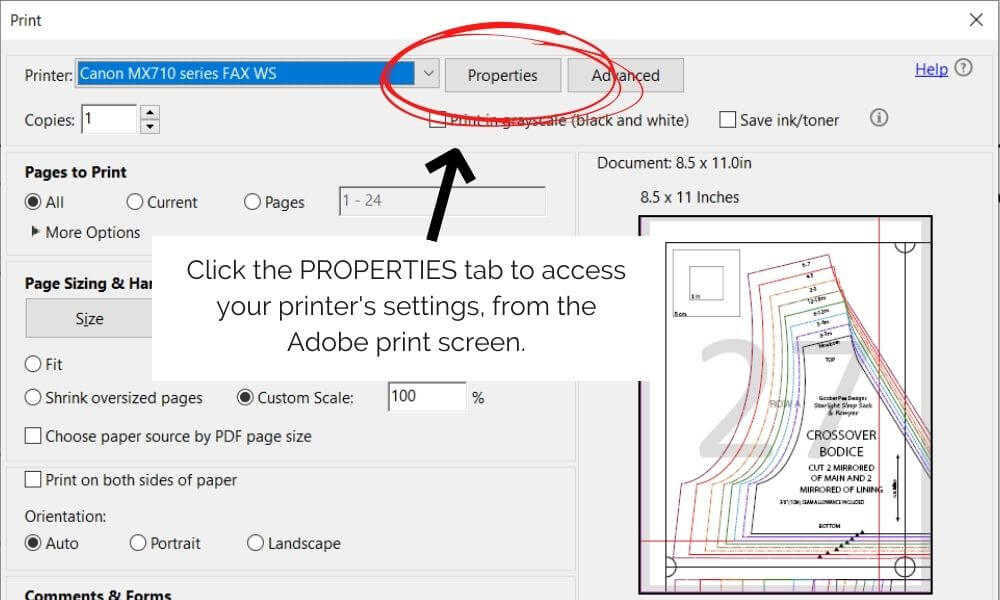 Image shows Adobe Reader print setting with Properties tab circled