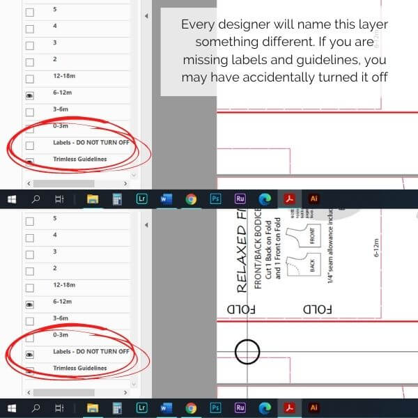 Image shows layers panel with labels layer unchecked and compares with it checked. 