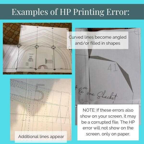 Image shows examples of HP printing errors - curved lines changed to angles, and extra lines. 